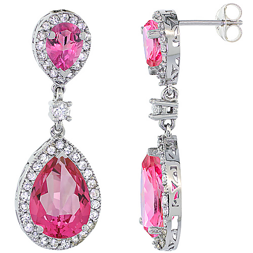 14K White Gold Natural Pink Topaz Teardrop Earrings White Sapphire &amp; Diamond