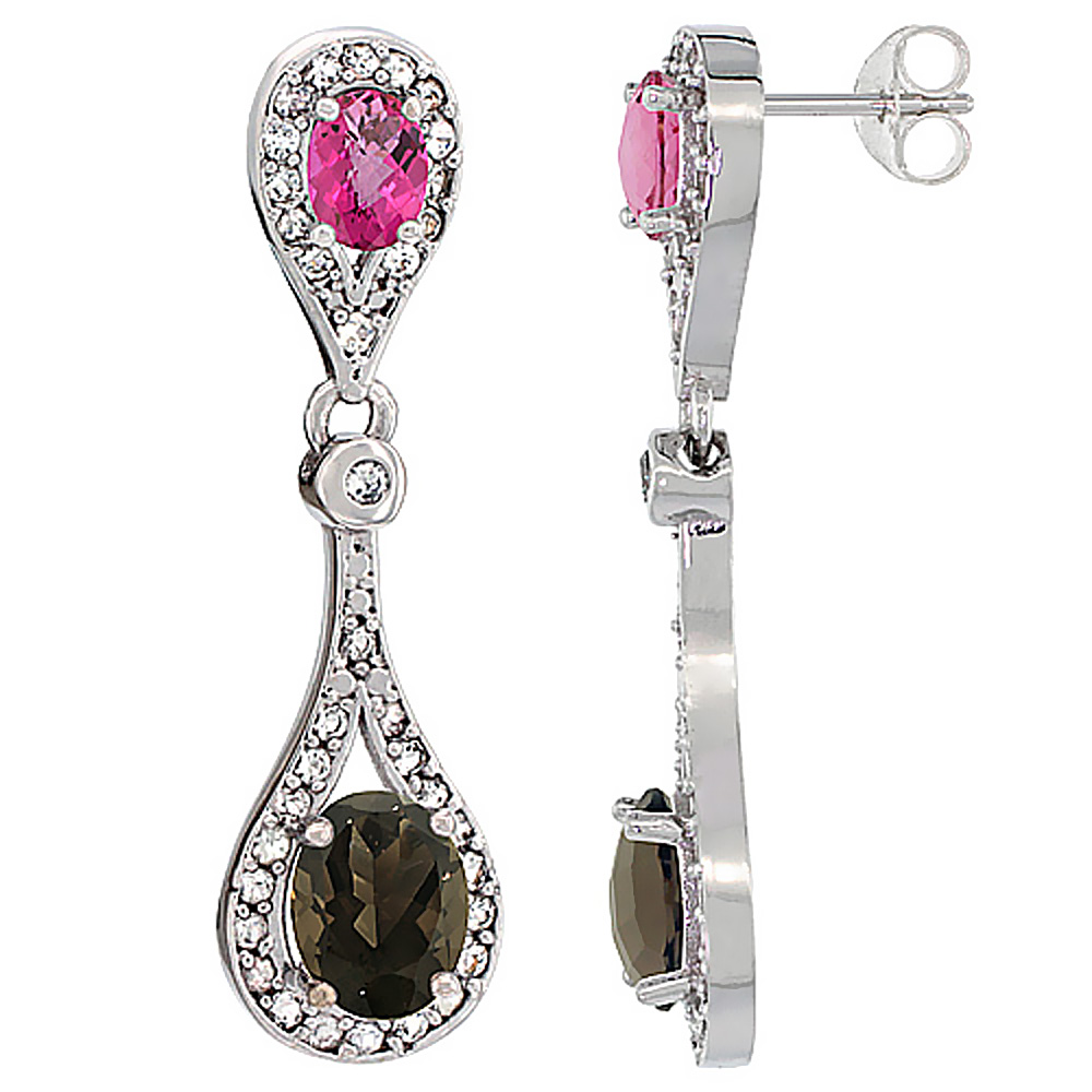 14K WHITE GOLD NATURAL SMOKY TOPAZ & PINK TOPAZ OVAL DANGLING EARRINGS WHITE SAPPHIRE & DIAMOND ACCENTS, 1 3/8 INCHES LONG