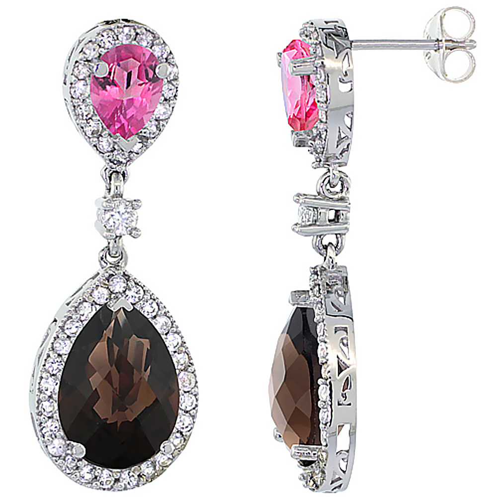 14K WHITE GOLD NATURAL SMOKY & PINK TOPAZES TEARDROP EARRINGS WHITE SAPPHIRE & DIAMOND