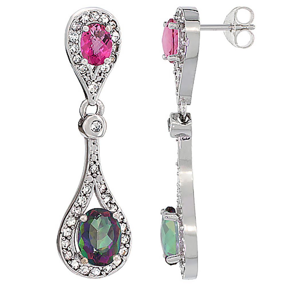 14K WHITE GOLD NATURAL MYSTIC TOPAZ & PINK TOPAZ OVAL DANGLING EARRINGS WHITE SAPPHIRE & DIAMOND ACCENTS, 1 3/8 INCHES LONG