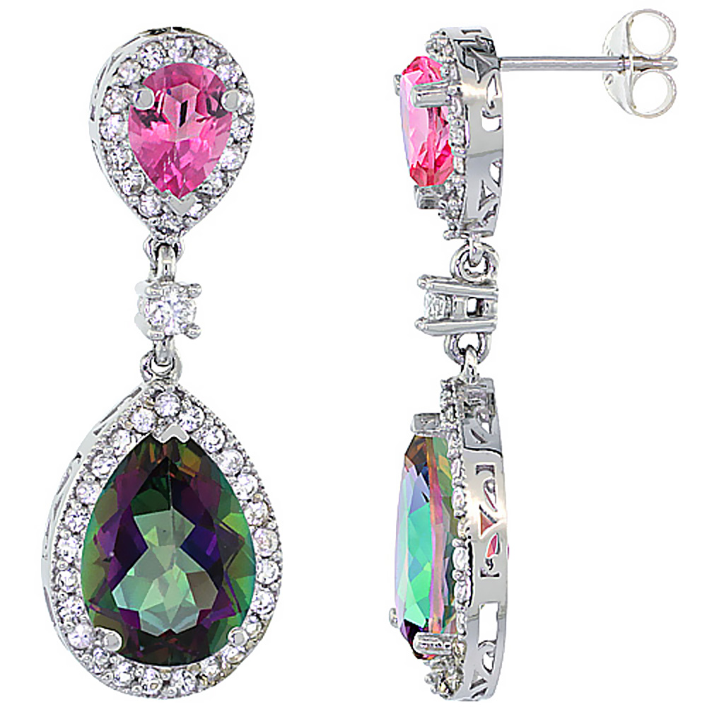 14K WHITE GOLD NATURAL MYSTIC & PINK TOPAZES TEARDROP EARRINGS WHITE SAPPHIRE & DIAMOND