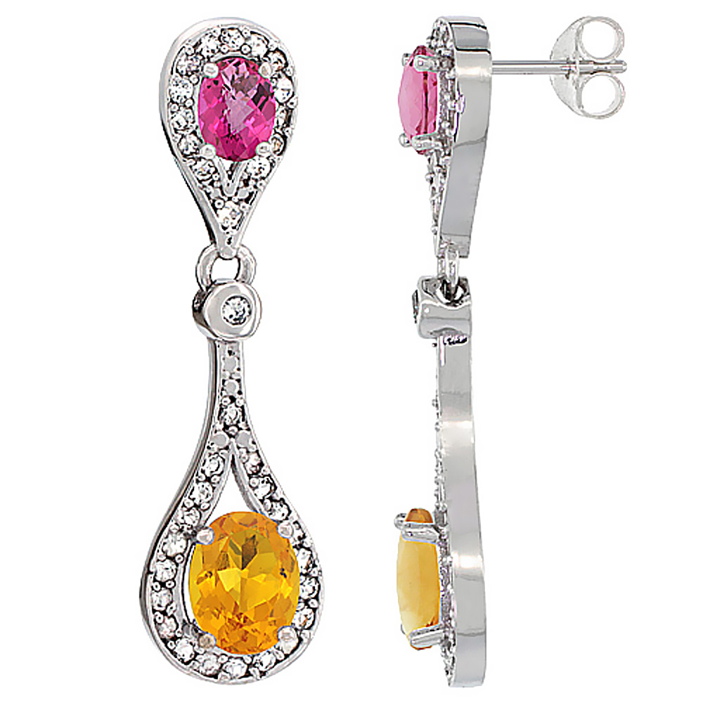14K White Gold Natural Citrine & Pink Topaz Oval Dangling Earrings White Sapphire & Diamond Accents, 1 3/8 inches long