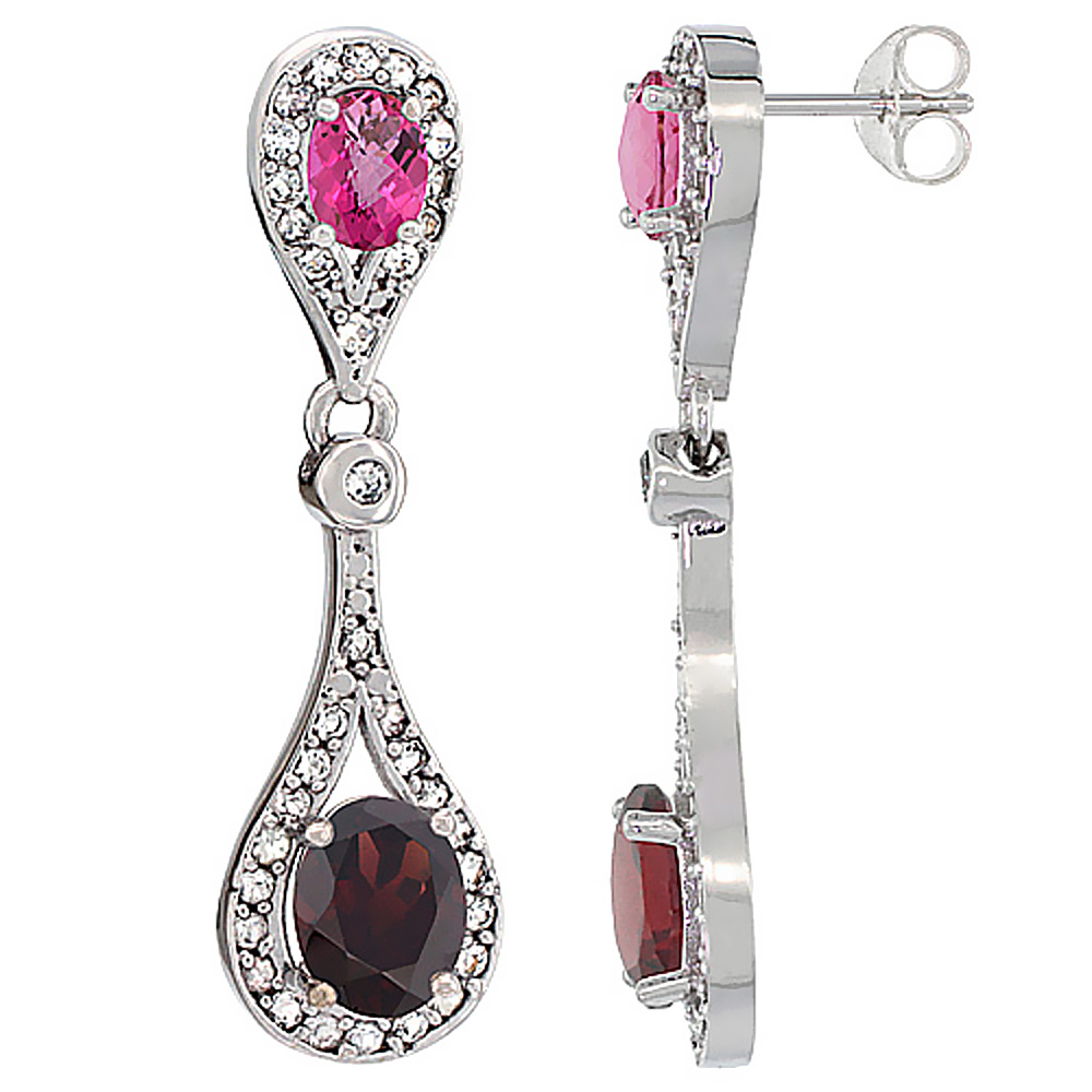 14K WHITE GOLD NATURAL GARNET & PINK TOPAZ OVAL DANGLING EARRINGS WHITE SAPPHIRE & DIAMOND ACCENTS, 1 3/8 INCHES LONG