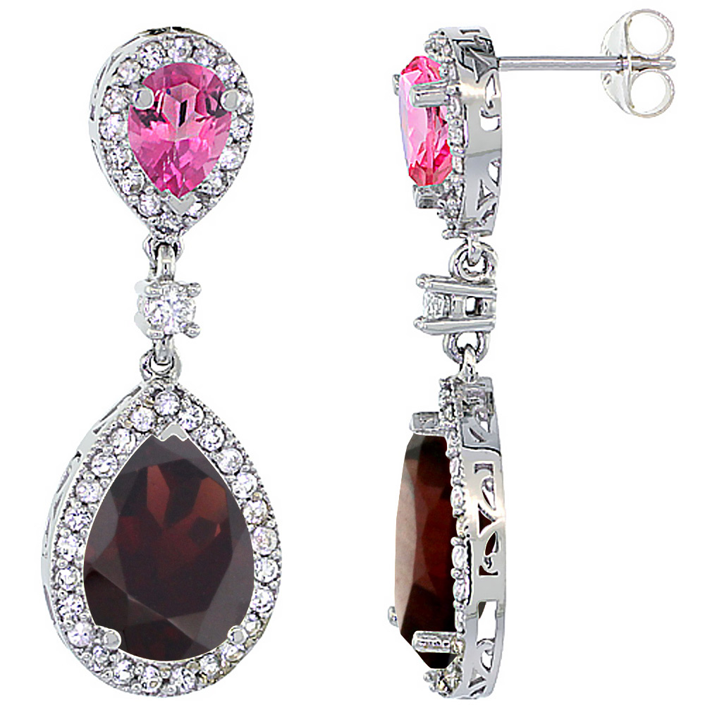 14K WHITE GOLD NATURAL GARNET & PINK TOPAZ TEARDROP EARRINGS WHITE SAPPHIRE & DIAMOND