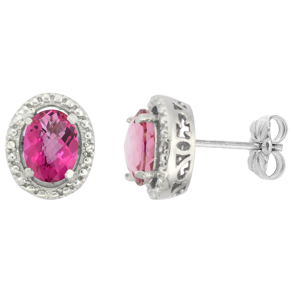 10K WHITE GOLD 0.01 CTTW DIAMOND NATURAL PINK TOPAZ POST EARRINGS OVAL 7X5 MM