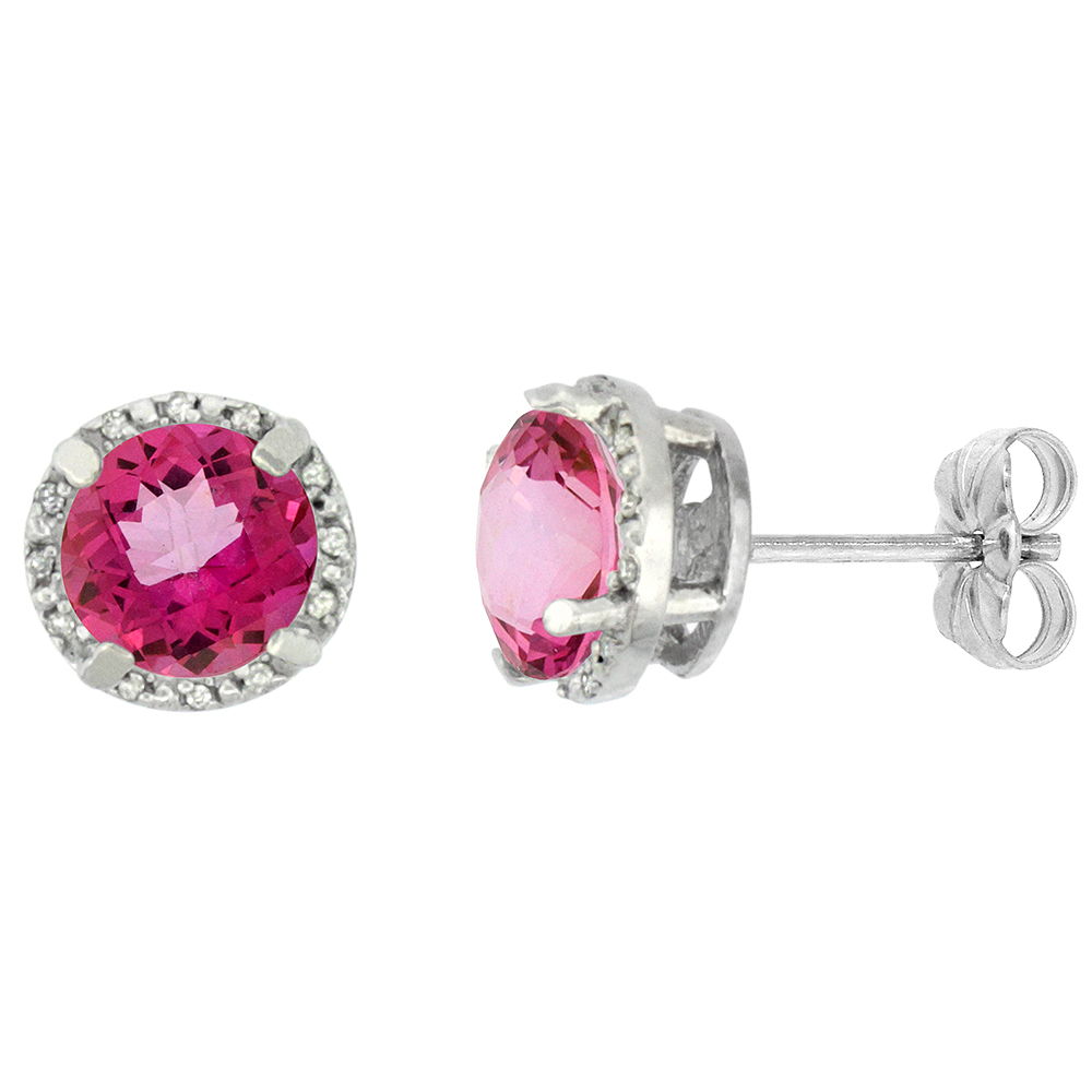 10K WHITE GOLD 0.06 CTTW DIAMOND NATURAL PINK TOPAZ EARRINGS ROUND 7X7 MM