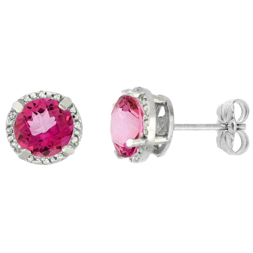10K White Gold 0.06 cttw Diamond Natural Pink Topaz Earrings Round 7x7 mm