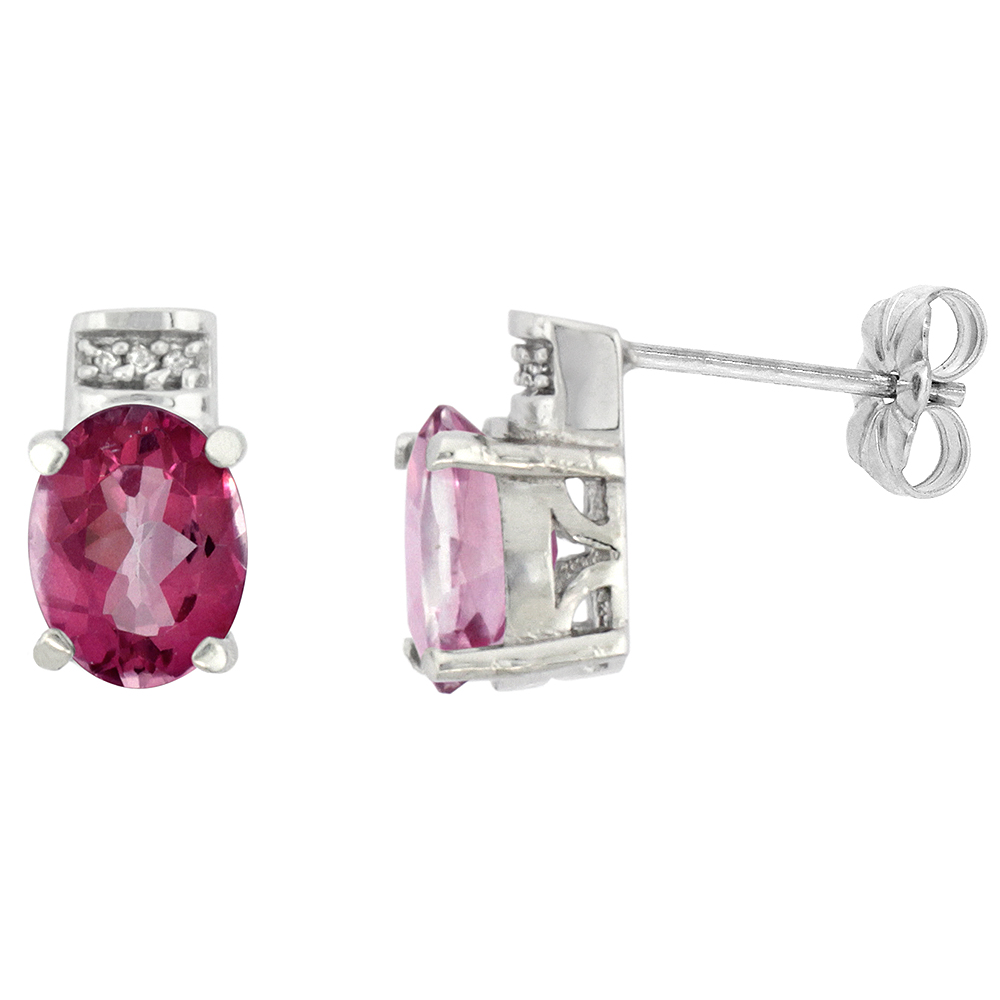 10K WHITE GOLD DIAMOND NATURAL PINK TOPAZ EARRINGS OVAL 8X6 MM