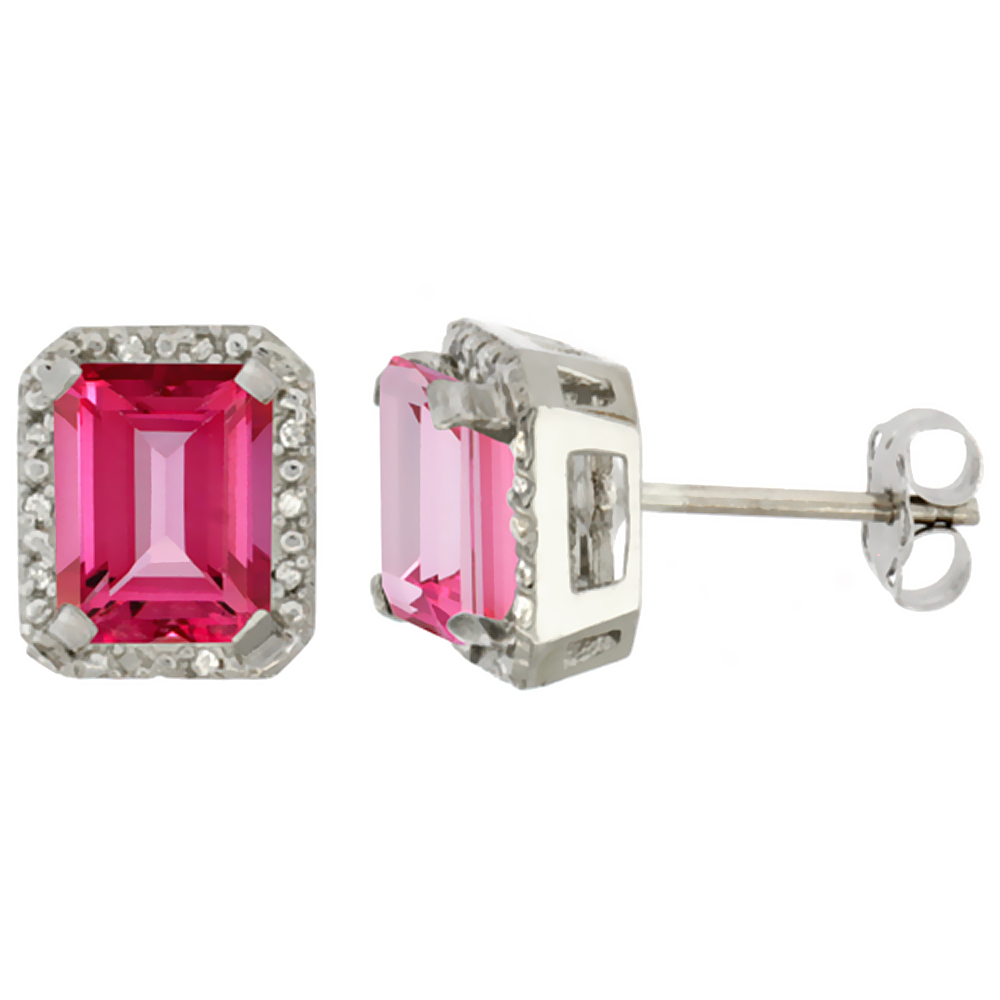 10K WHITE GOLD DIAMOND NATURAL PINK TOPAZ EARRINGS OCTAGON 8X6 MM