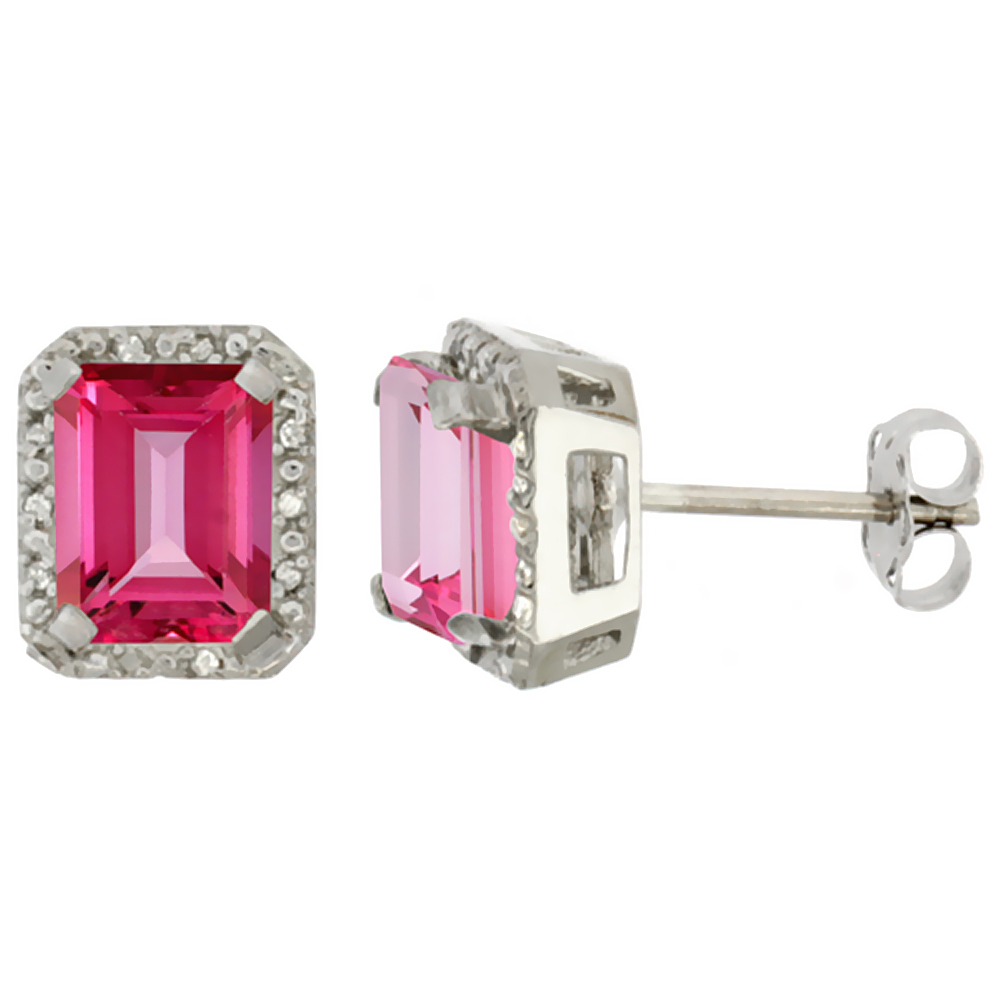 10K White Gold Diamond Natural Pink Topaz Earrings Octagon 8x6 mm
