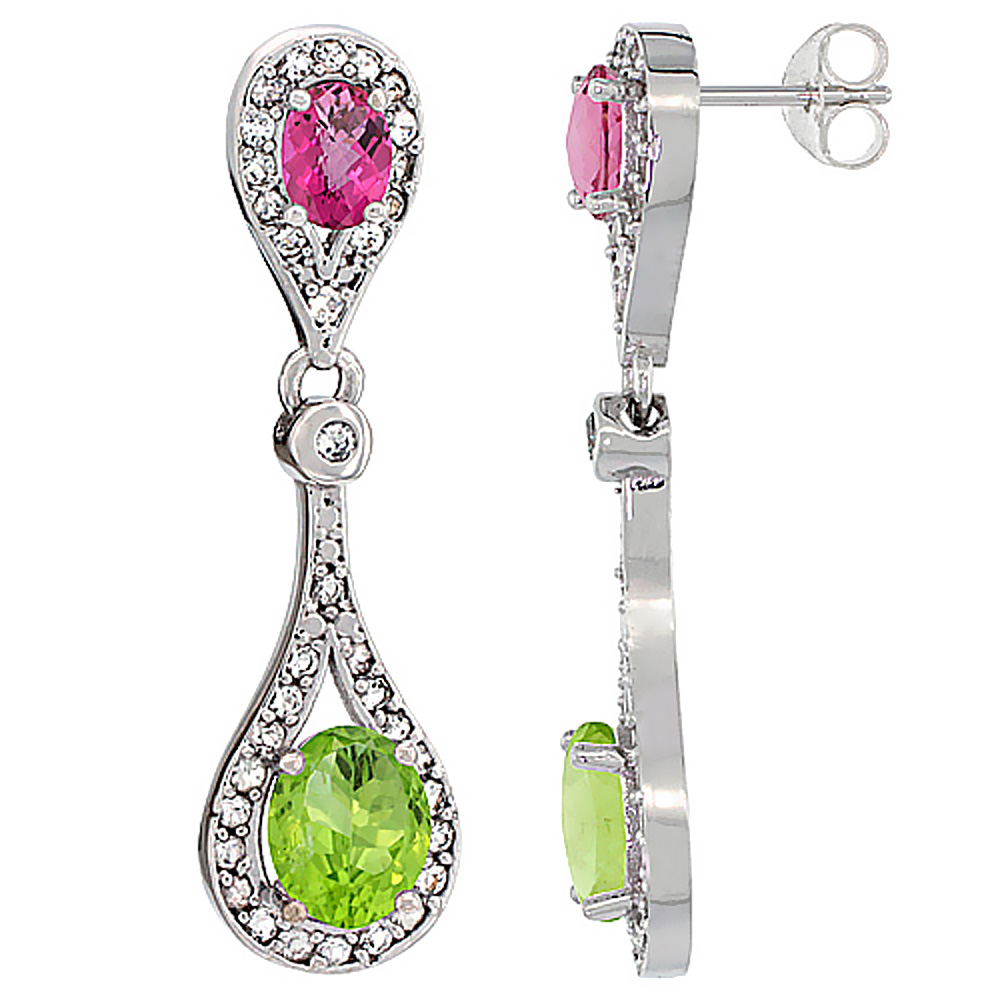14K WHITE GOLD NATURAL PERIDOT & PINK TOPAZ OVAL DANGLING EARRINGS WHITE SAPPHIRE & DIAMOND ACCENTS, 1 3/8 INCHES LONG