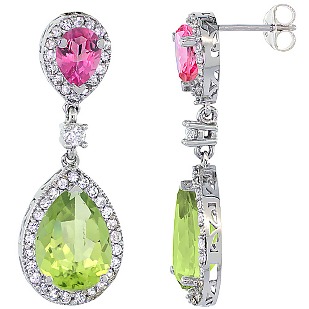 14K WHITE GOLD NATURAL PERIDOT & PINK TOPAZ TEARDROP EARRINGS WHITE SAPPHIRE & DIAMOND