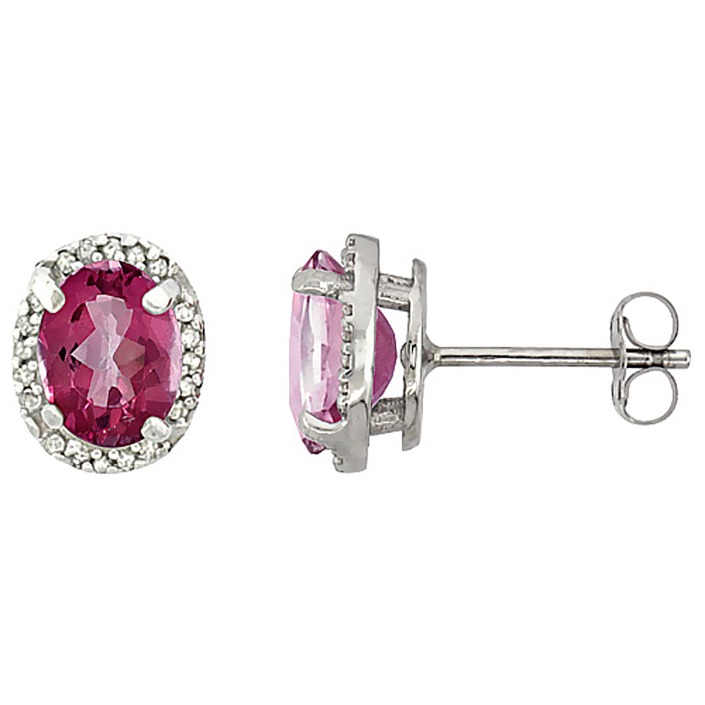 10K WHITE GOLD DIAMOND NATURAL PINK TOPAZ EARRINGS OVAL 7X5 MM