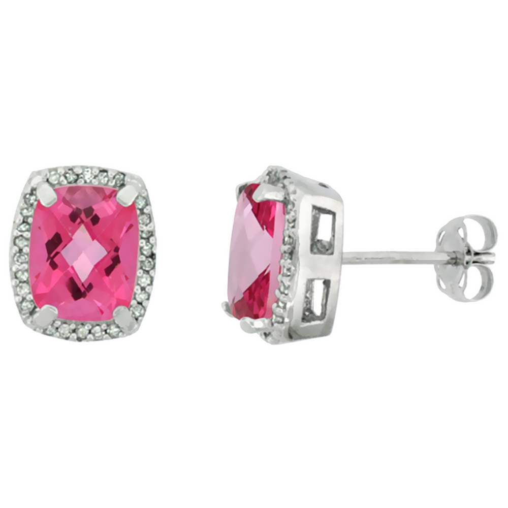 10K WHITE GOLD DIAMOND NATURAL PINK TOPAZ EARRINGS OCTAGON CUSHION 8X6 MM