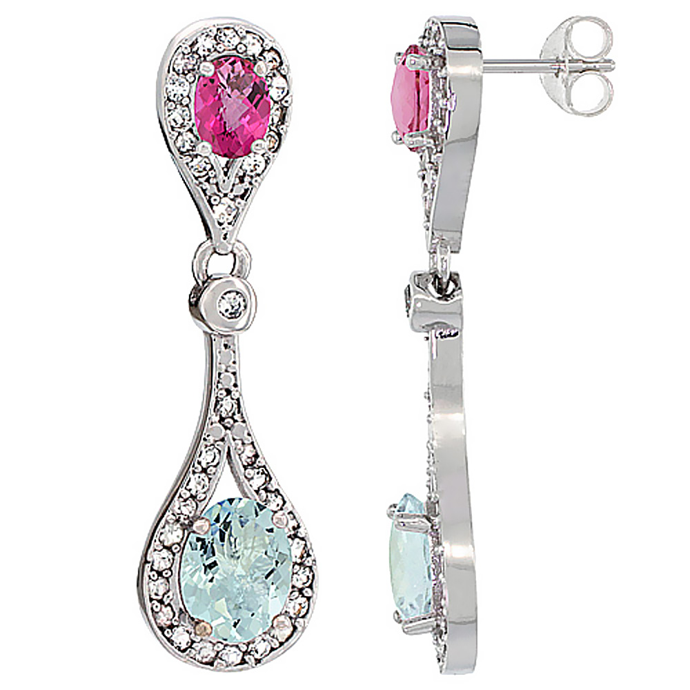 14K White Gold Natural Aquamarine & Pink Topaz Oval Dangling Earrings White Sapphire & Diamond Accents, 1 3/8 inches long