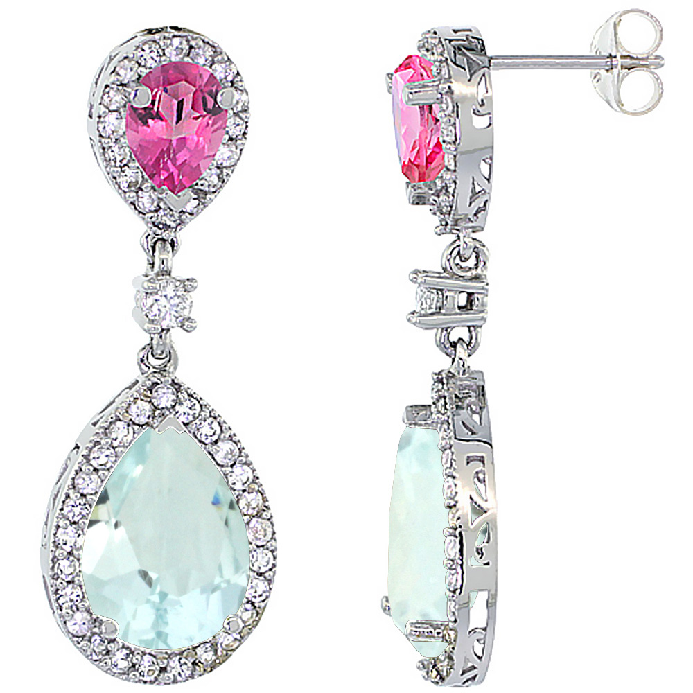 14K WHITE GOLD NATURAL AQUAMARINE & PINK TOPAZ TEARDROP EARRINGS WHITE SAPPHIRE & DIAMOND