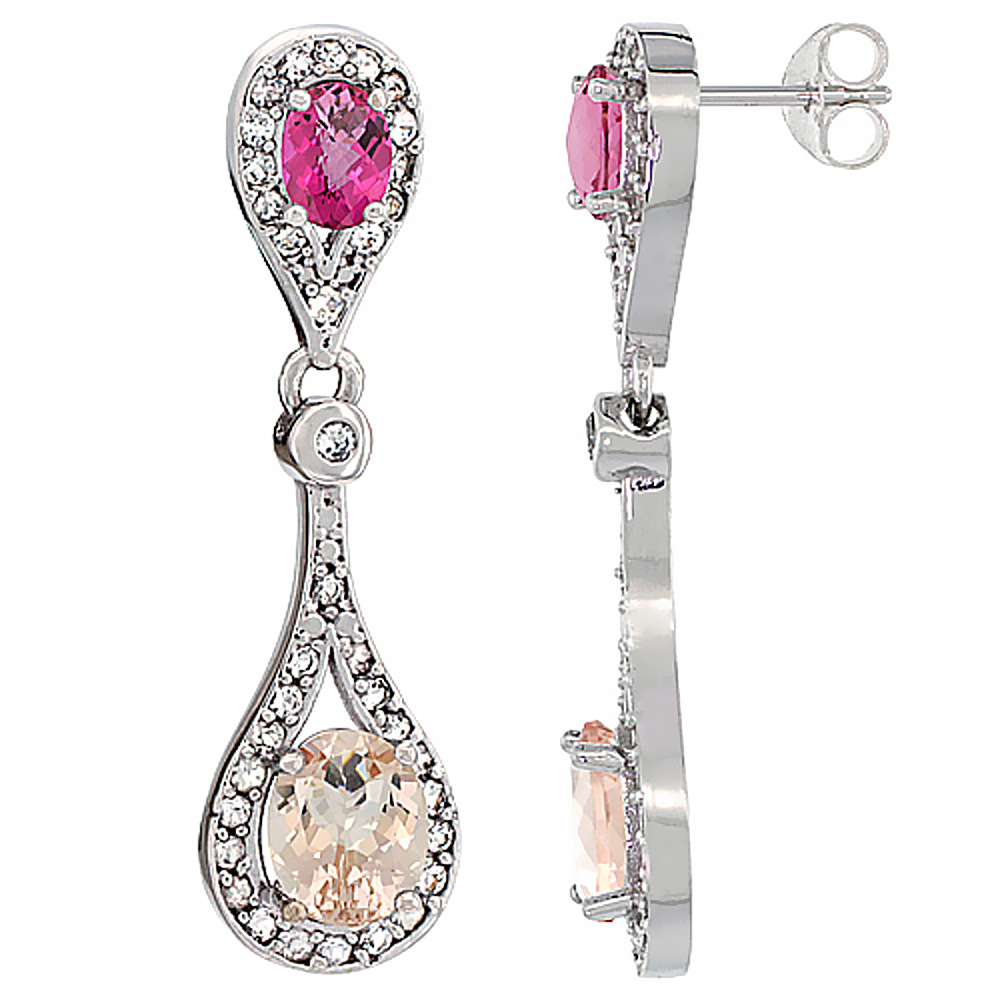 10K White Gold Natural Morganite & Pink Topaz Oval Dangling Earrings White Sapphire & Diamond Accents, 1 3/8 inches long