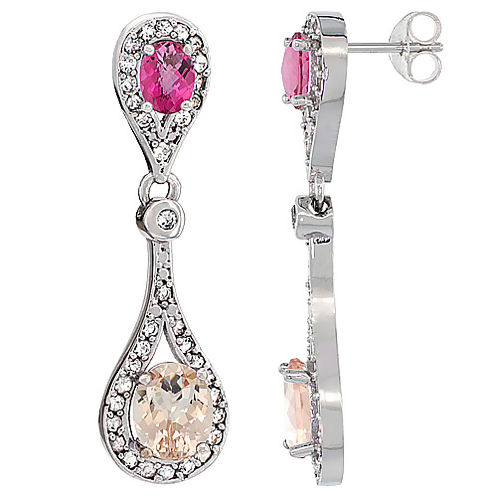 14K WHITE GOLD ENHANCED RUBY & PINK TOPAZ OVAL DANGLING EARRINGS WHITE SAPPHIRE & DIAMOND ACCENTS, 1 3/8 INCHES LONG