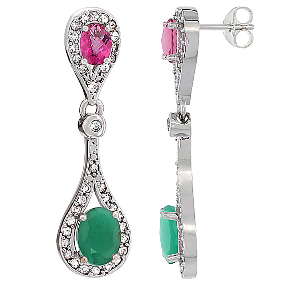 10K White Gold Natural Emerald &amp; Pink Topaz Oval Dangling Earrings White Sapphire &amp; Diamond Accents, 1 3/8 inches long