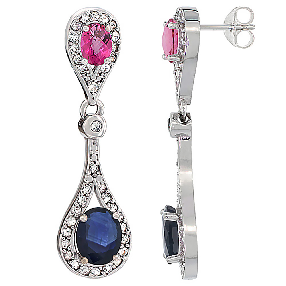 14K WHITE GOLD NATURAL BLUE SAPPHIRE & PINK TOPAZ OVAL DANGLING EARRINGS WHITE SAPPHIRE & DIAMOND ACCENTS, 1 3/8 INCHES LONG