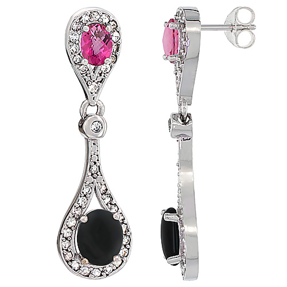 14K White Gold Natural Black Onyx &amp; Pink Topaz Oval Dangling Earrings White Sapphire &amp; Diamond Accents, 1 3/8 inches long