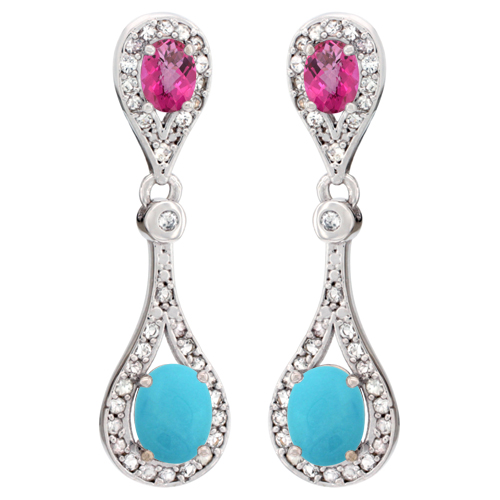14K WHITE GOLD NATURAL TURQUOISE & PINK TOPAZ OVAL DANGLING EARRINGS WHITE SAPPHIRE & DIAMOND ACCENTS, 1 3/8 INCHES LONG