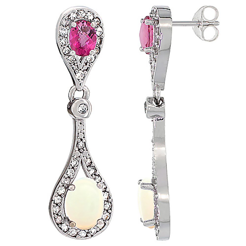 10K White Gold Natural Opal & Pink Topaz Oval Dangling Earrings White Sapphire & Diamond Accents, 1 3/8 inches long