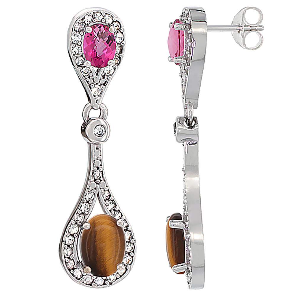 14K WHITE GOLD NATURAL TIGER EYE & PINK TOPAZ OVAL DANGLING EARRINGS WHITE SAPPHIRE & DIAMOND ACCENTS, 1 3/8 INCHES LONG