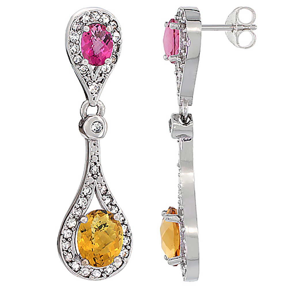 14K WHITE GOLD NATURAL WHISKY QUARTZ & PINK TOPAZ OVAL DANGLING EARRINGS WHITE SAPPHIRE & DIAMOND ACCENTS, 1 3/8 INCHES LONG
