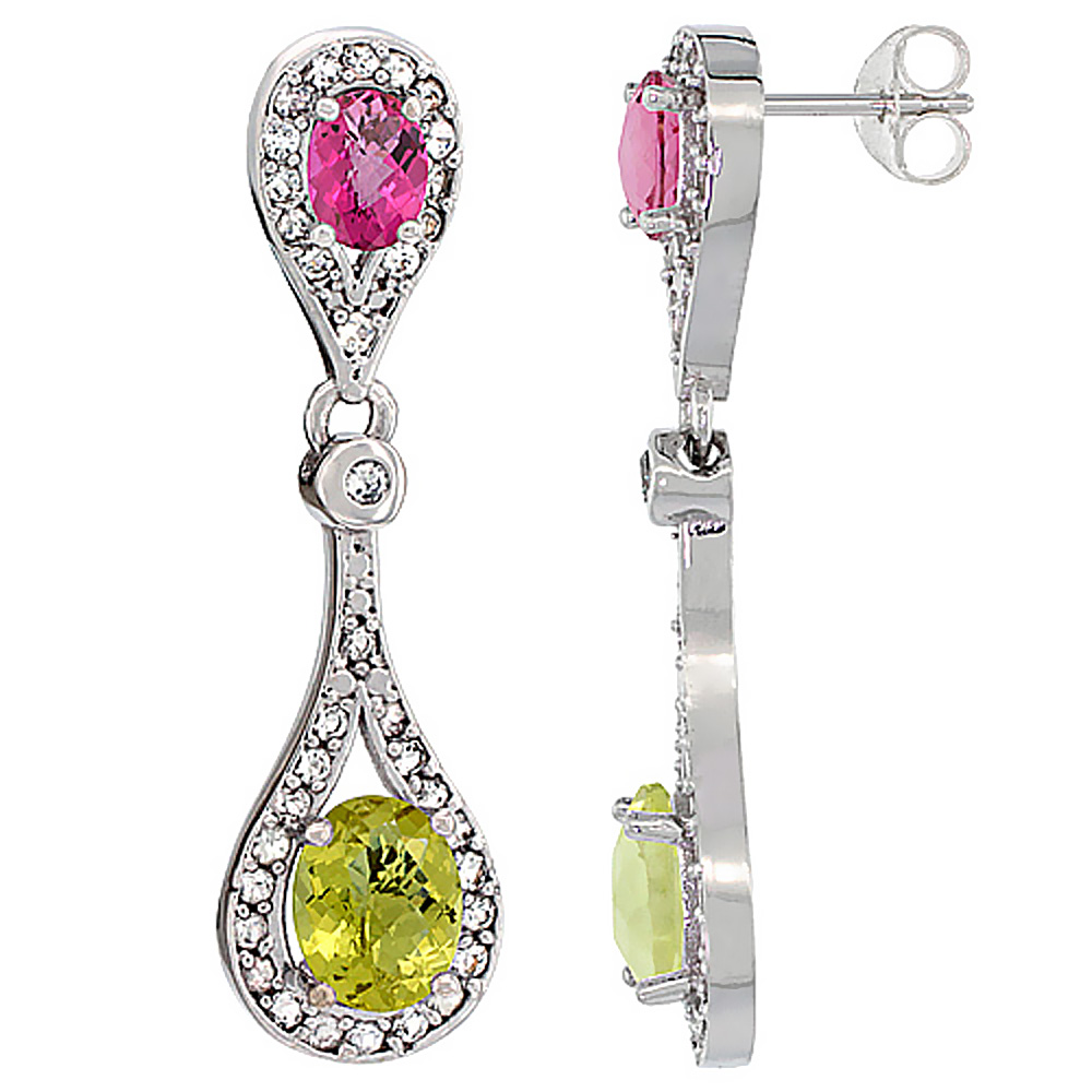 14K WHITE GOLD NATURAL LEMON QUARTZ & PINK TOPAZ OVAL DANGLING EARRINGS WHITE SAPPHIRE & DIAMOND ACCENTS, 1 3/8 INCHES LONG