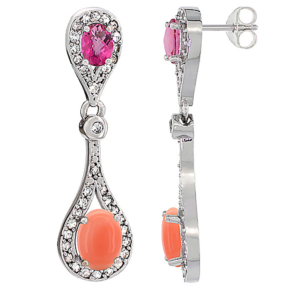 14K WHITE GOLD NATURAL CORAL & PINK TOPAZ OVAL DANGLING EARRINGS WHITE SAPPHIRE & DIAMOND ACCENTS, 1 3/8 INCHES LONG