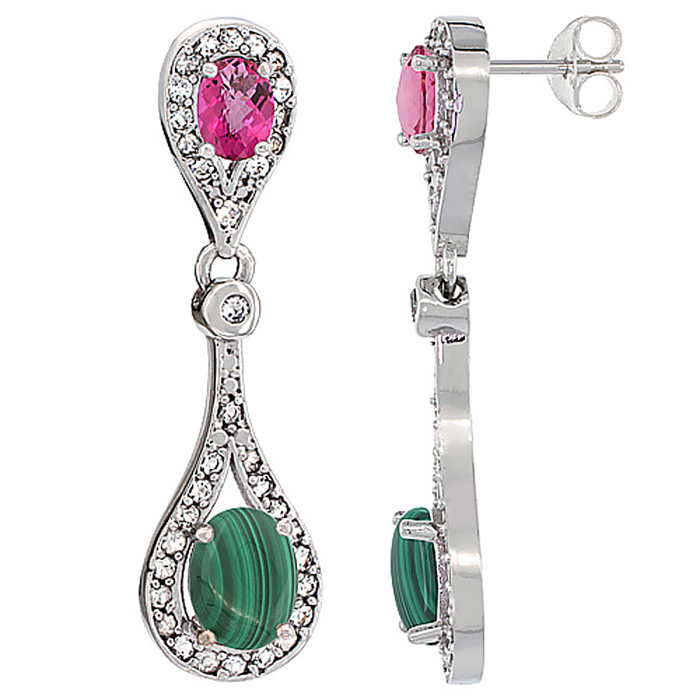 14K WHITE GOLD NATURAL MALACHITE & PINK TOPAZ OVAL DANGLING EARRINGS WHITE SAPPHIRE & DIAMOND ACCENTS, 1 3/8 INCHES LONG
