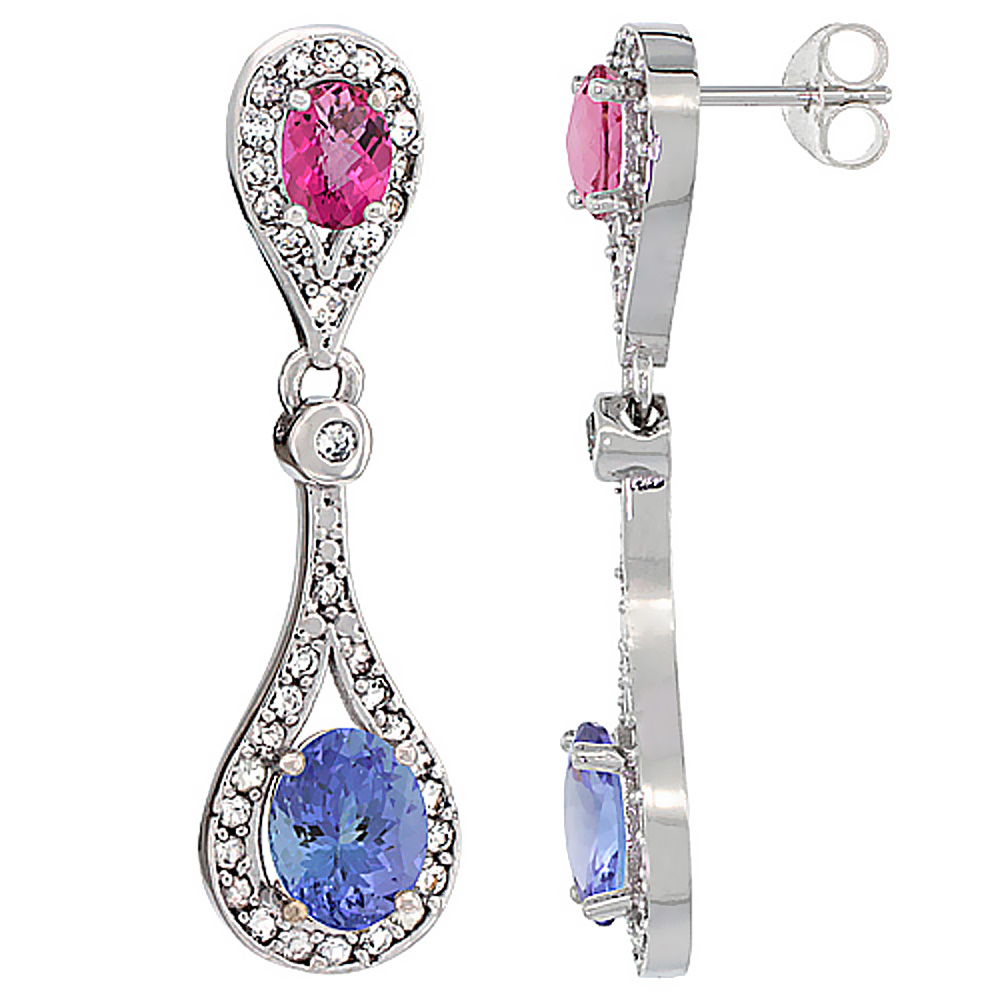 14K White Gold Natural Tanzanite &amp; Pink Topaz Oval Dangling Earrings White Sapphire &amp; Diamond Accents, 1 3/8 inches long