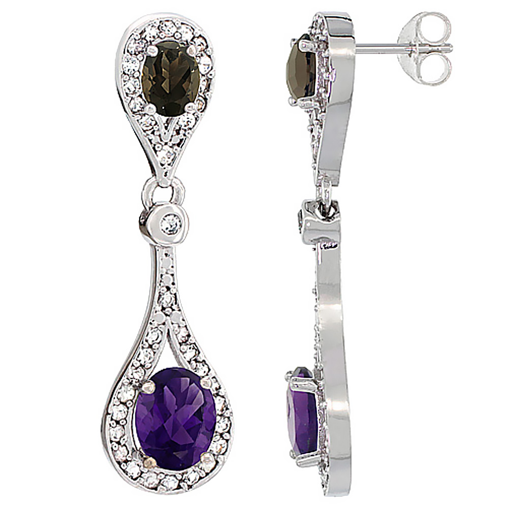 14K WHITE GOLD NATURAL AMETHYST & SMOKY TOPAZ OVAL DANGLING EARRINGS WHITE SAPPHIRE & DIAMOND ACCENTS, 1 3/8 INCHES LONG