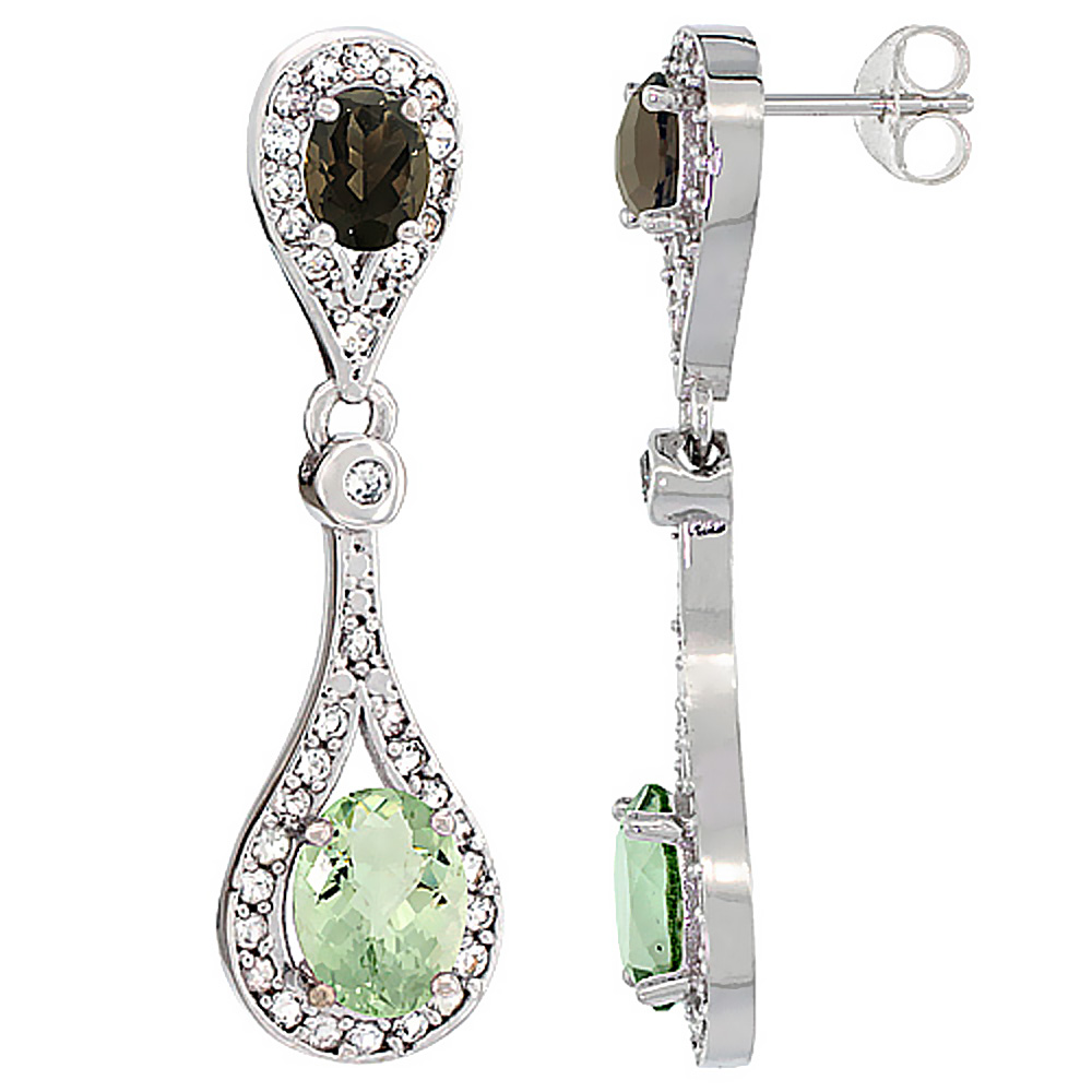 14K WHITE GOLD NATURAL GREEN SMOKY TOPAZ & SMOKY TOPAZ OVAL DANGLING EARRINGS WHITE SAPPHIRE & DIAMOND ACCENTS, 1 3/8 INCHES LONG