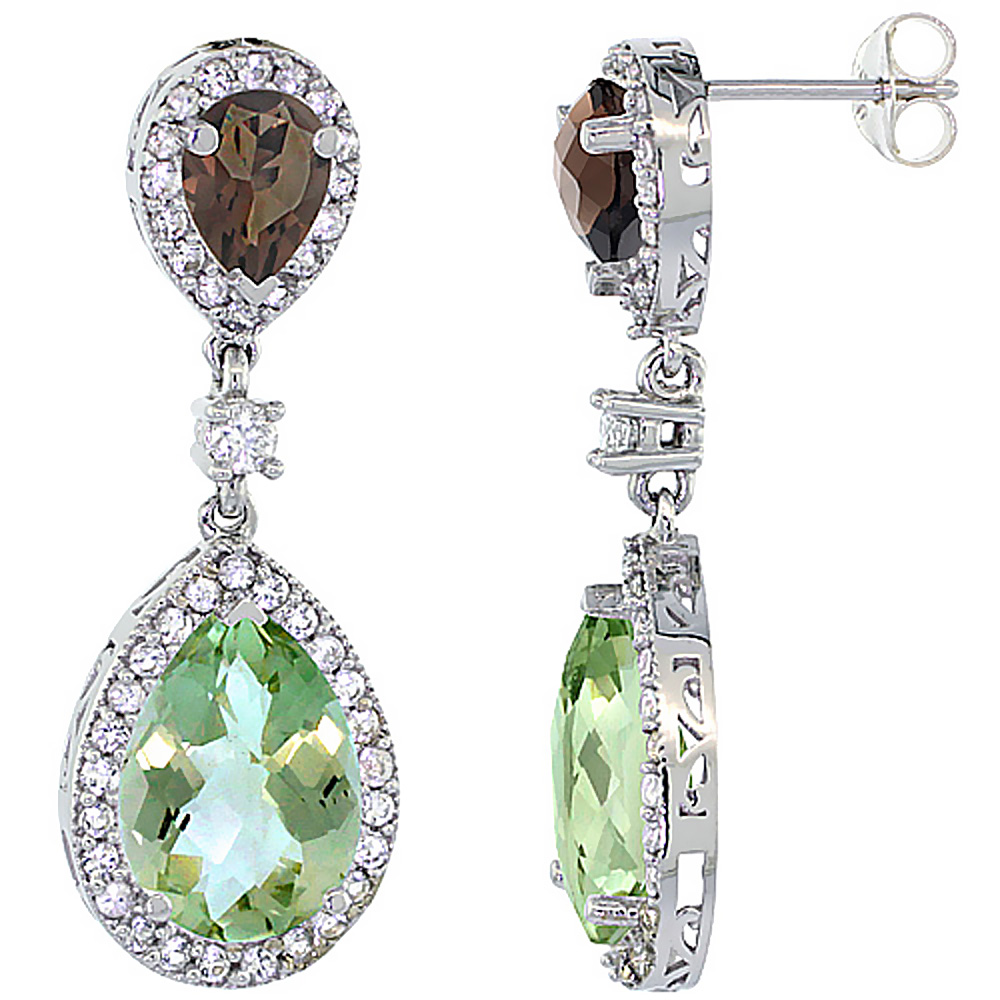 14K White Gold Natural Green Amethyst & Smoky Topaz Teardrop Earrings White Sapphire & Diamond