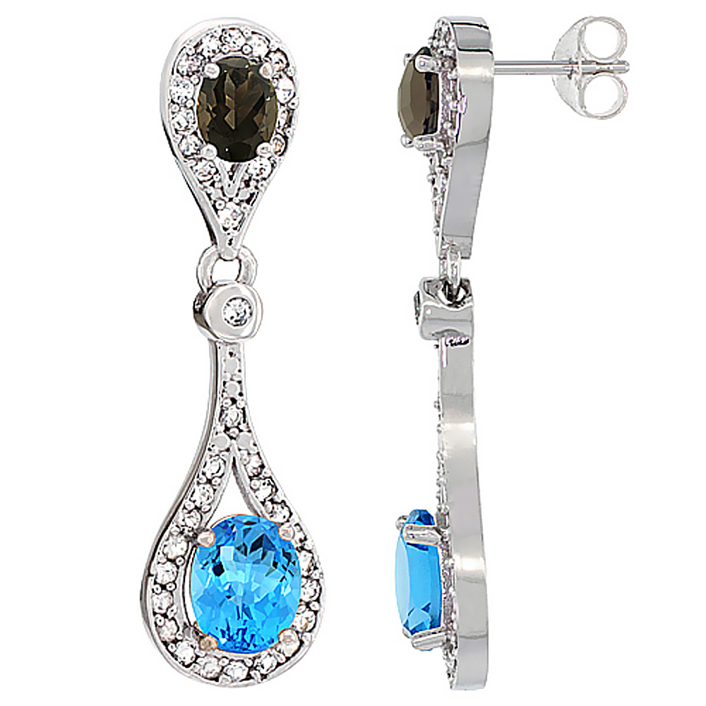14K WHITE GOLD NATURAL SWISS BLUE TOPAZ & SMOKY TOPAZ OVAL DANGLING EARRINGS WHITE SAPPHIRE & DIAMOND ACCENTS, 1 3/8 INCHES LONG