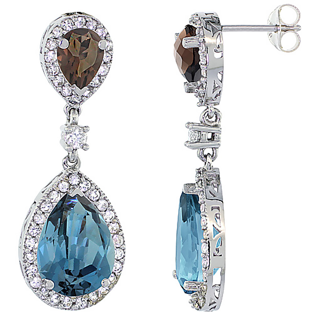 14K WHITE GOLD NATURAL LONDON BLUE & SMOKY TOPAZES TEARDROP EARRINGS WHITE SAPPHIRE & DIAMOND
