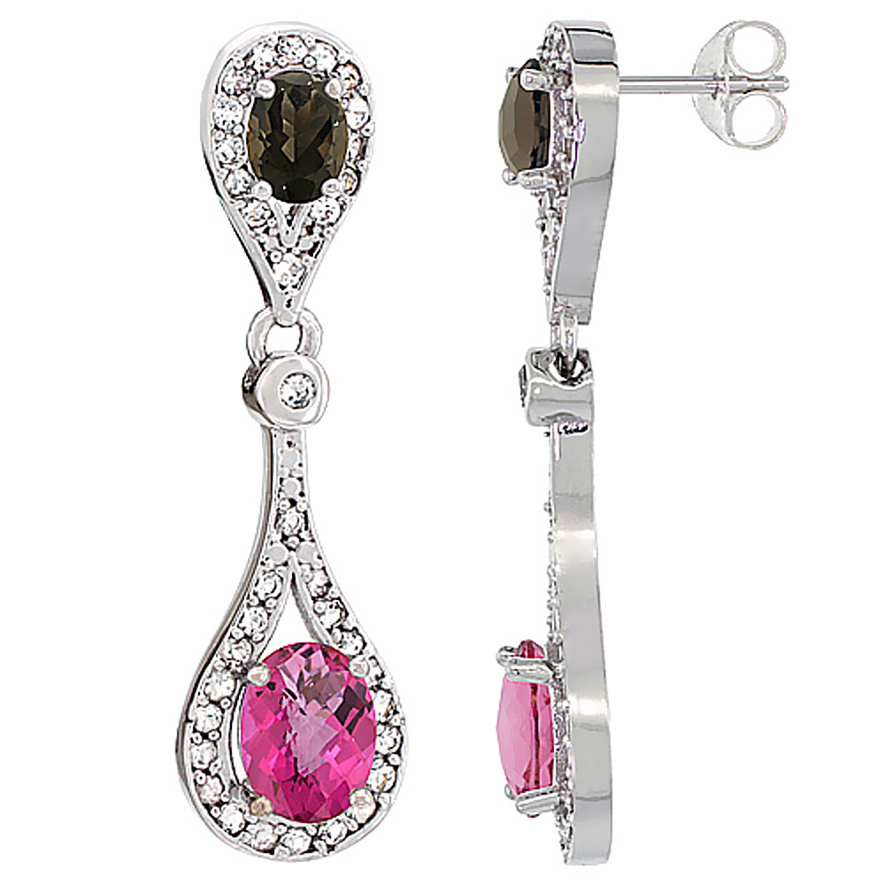10K White Gold Natural Pink Topaz &amp; Smoky Topaz Oval Dangling Earrings White Sapphire &amp; Diamond Accents, 1 3/8 inches long