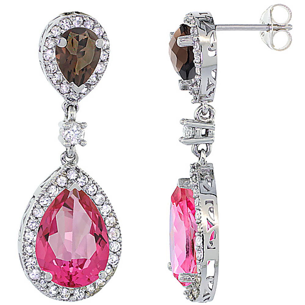 14K WHITE GOLD NATURAL PINK & SMOKY TOPAZES TEARDROP EARRINGS WHITE SAPPHIRE & DIAMOND