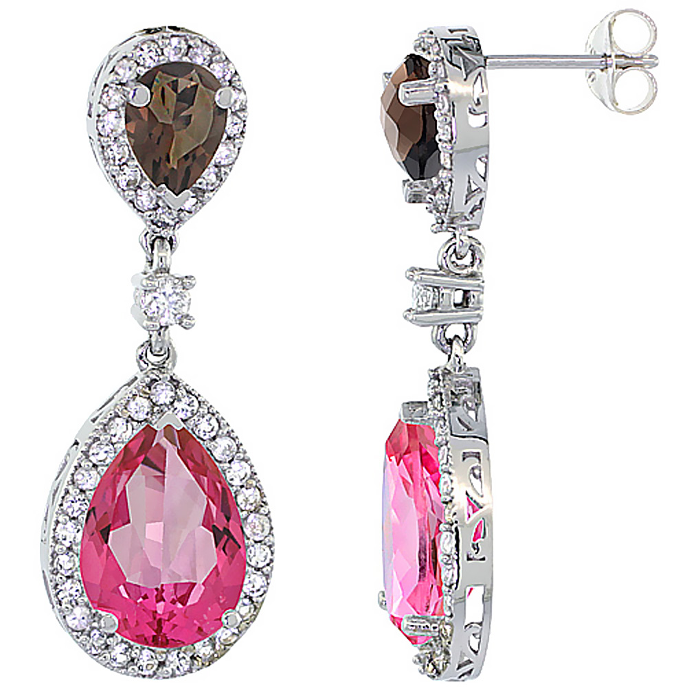 14K White Gold Natural Pink & Smoky Topazes Teardrop Earrings White Sapphire & Diamond