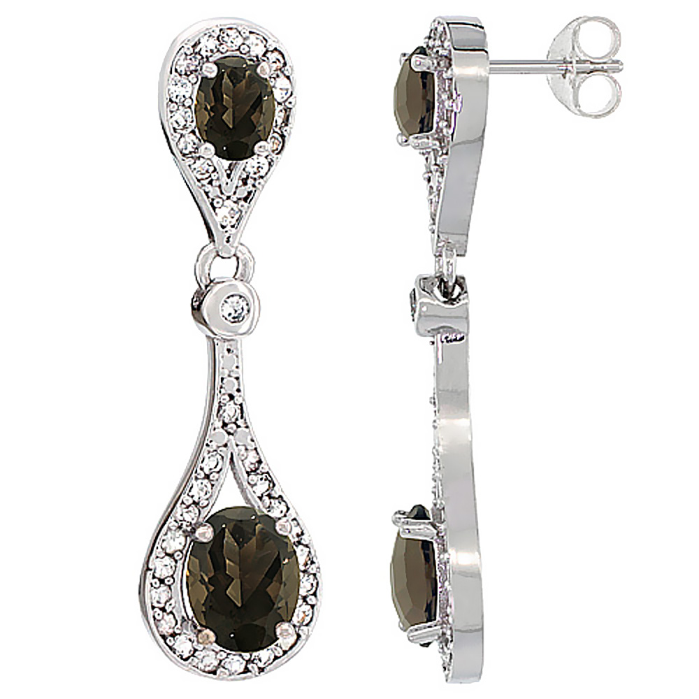14K WHITE GOLD NATURAL SMOKY TOPAZ OVAL DANGLING EARRINGS WHITE SAPPHIRE & DIAMOND ACCENTS, 1 3/8 INCHES LONG