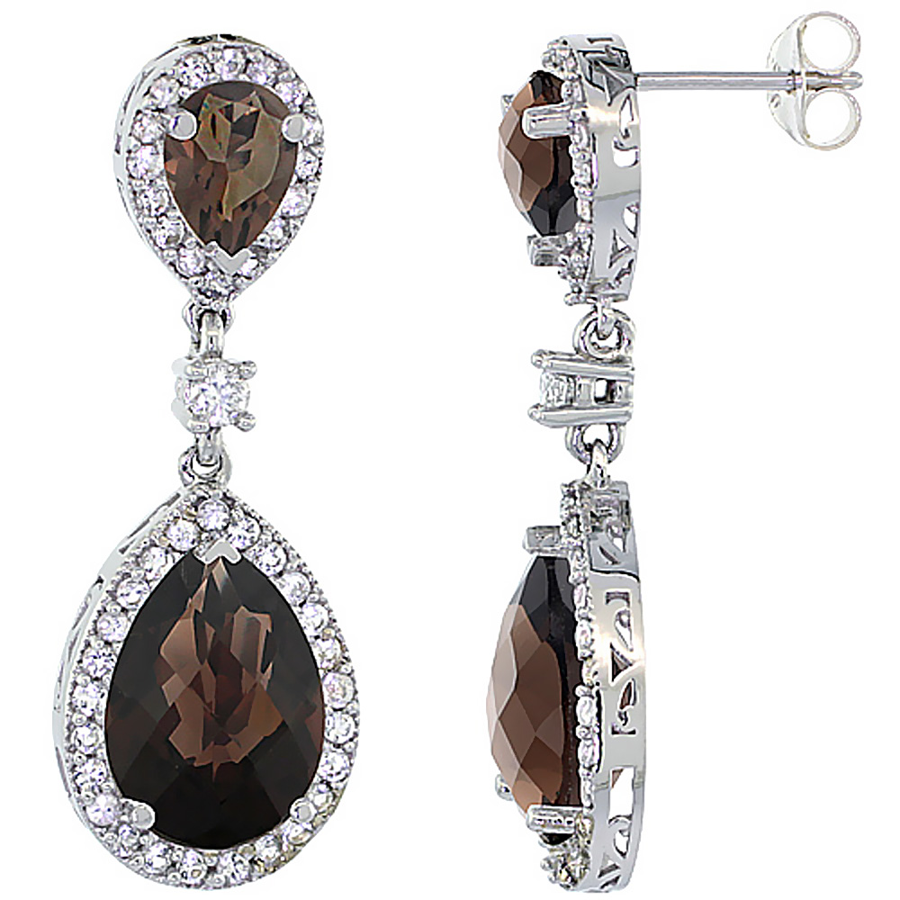 14K WHITE GOLD NATURAL SMOKY TOPAZ TEARDROP EARRINGS WHITE SAPPHIRE & DIAMOND