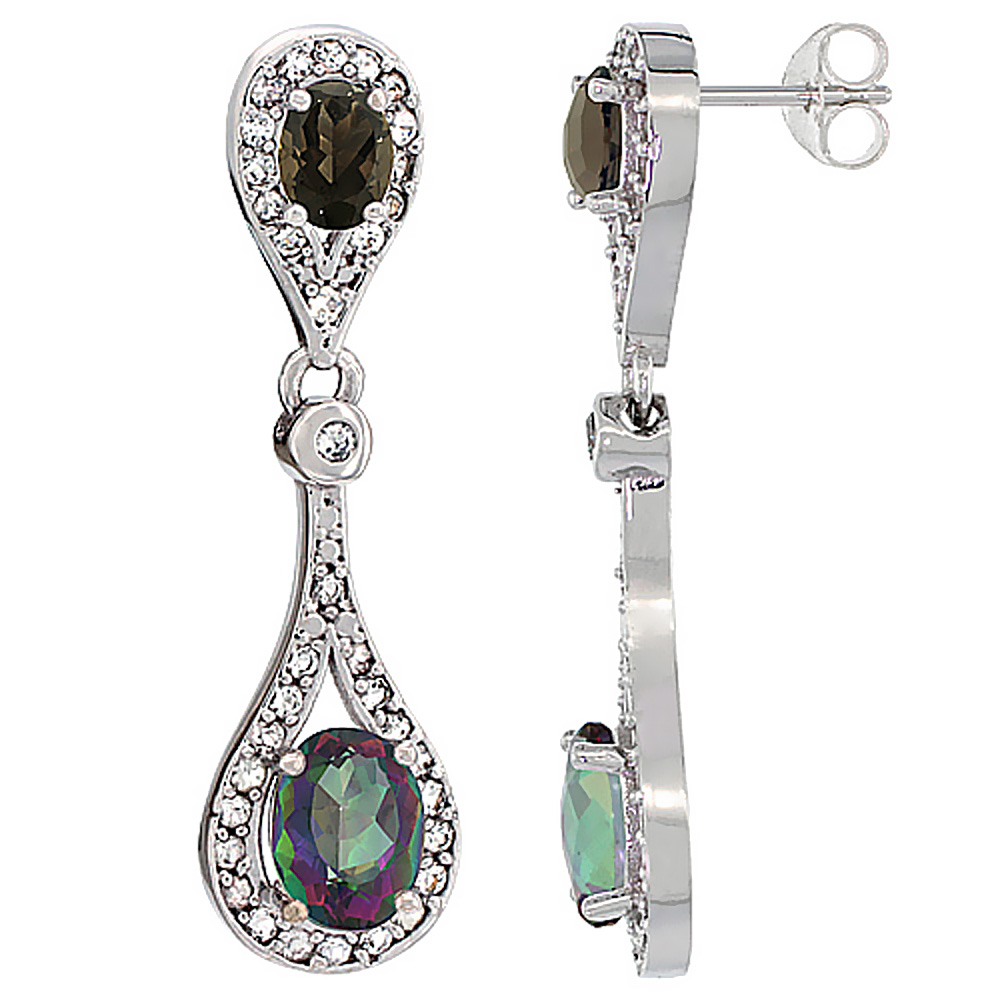 10K White Gold Natural Mystic Topaz & Smoky Topaz Oval Dangling Earrings White Sapphire & Diamond Accents, 1 3/8 inches long