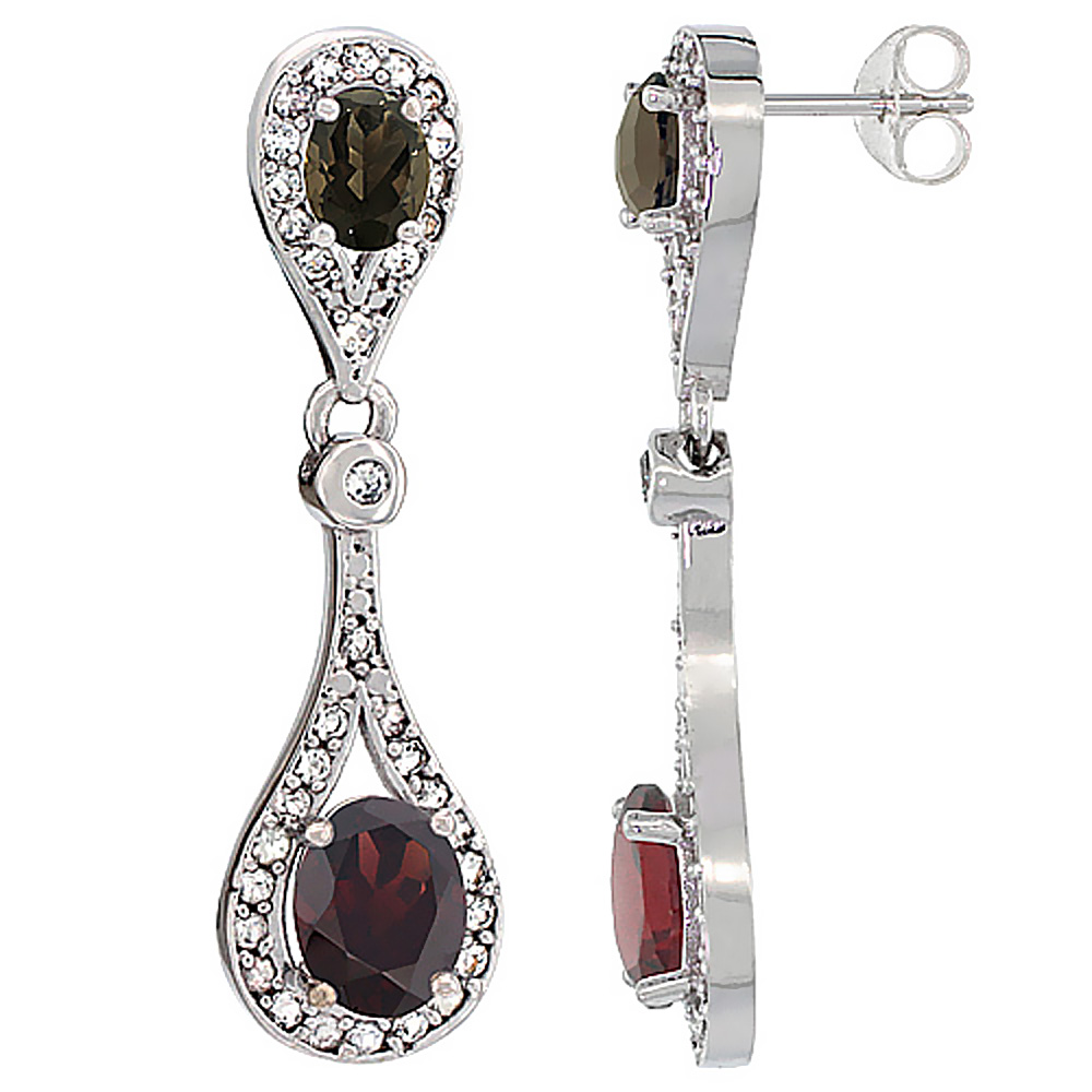 14K White Gold Natural Garnet &amp; Smoky Topaz Oval Dangling Earrings White Sapphire &amp; Diamond Accents, 1 3/8 inches long