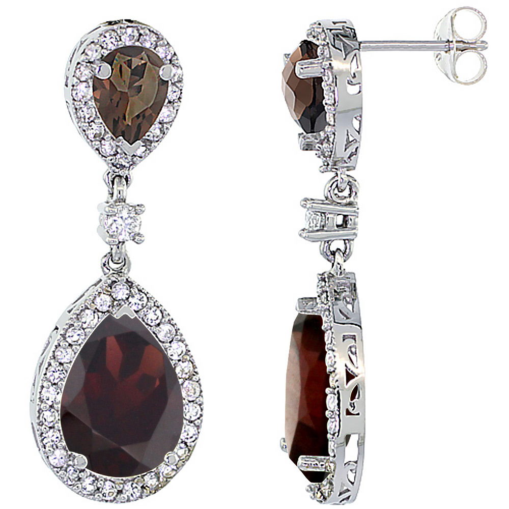 14K WHITE GOLD NATURAL GARNET & SMOKY TOPAZ TEARDROP EARRINGS WHITE SAPPHIRE & DIAMOND
