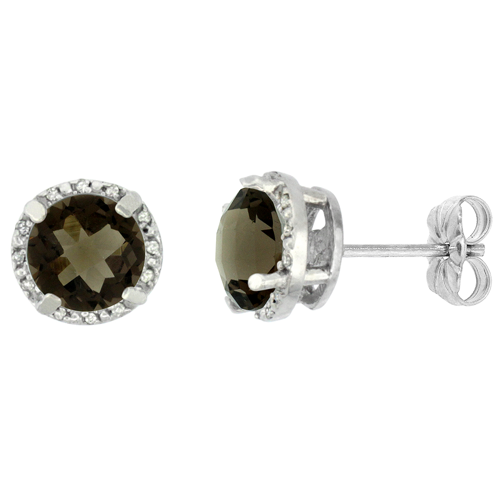 10K WHITE GOLD 0.06 CTTW DIAMOND NATURAL SMOKY TOPAZ EARRINGS ROUND 7X7 MM