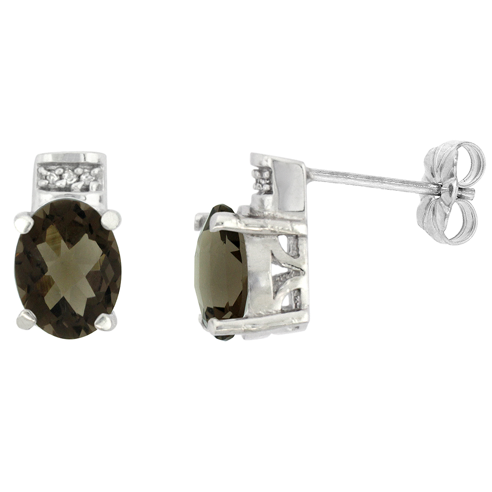 10K WHITE GOLD DIAMOND NATURAL SMOKY TOPAZ EARRINGS OVAL 8X6 MM