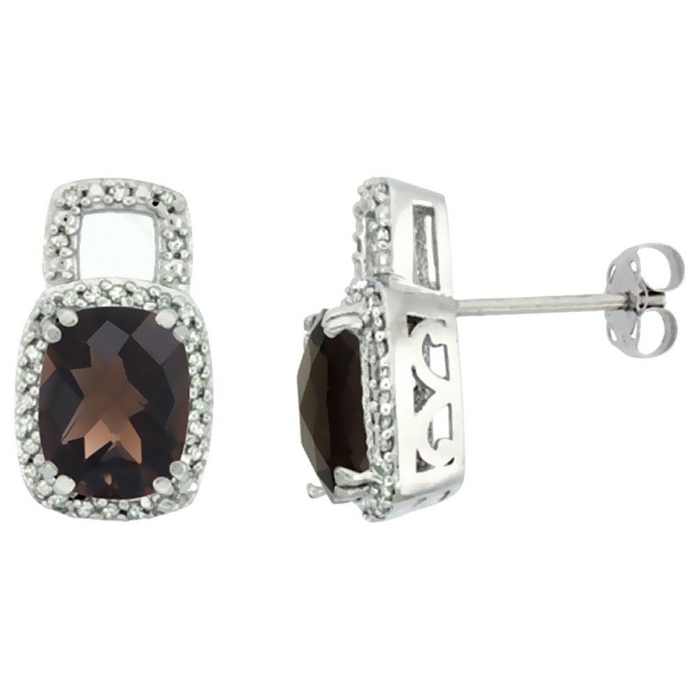 10K WHITE GOLD DIAMOND NATURAL SMOKY TOPAZ EARRINGS OCTAGON CUSHION 8X6 MM