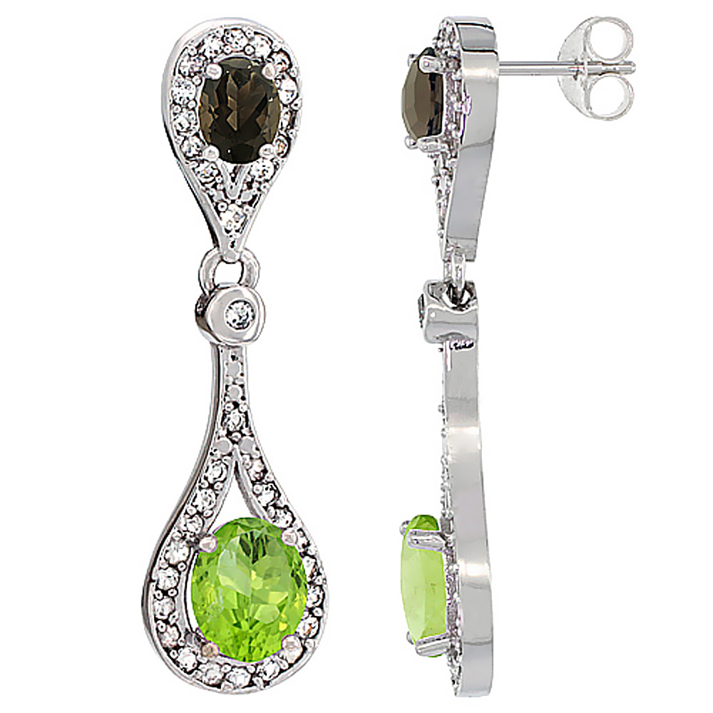 10K White Gold Natural Peridot & Smoky Topaz Oval Dangling Earrings White Sapphire & Diamond Accents, 1 3/8 inches long